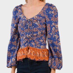 House of Harlow cinched waist/corset fitted floral/butterfly blouse XS